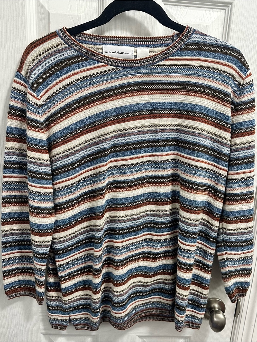 Alfred Dunner Striped Crewneck Sweater in Blue, Brown & Cream